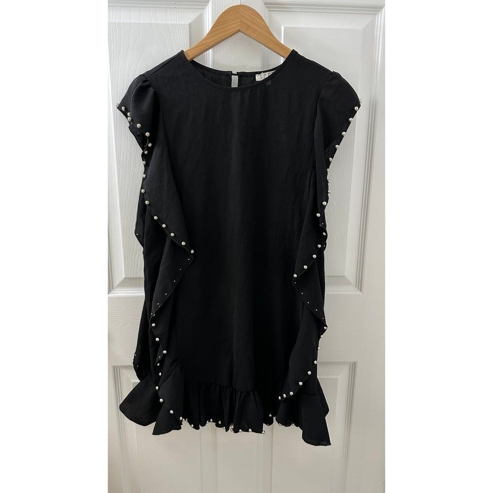 Women’s Boutique Dress With Ruffles and Silver Bead Details Black